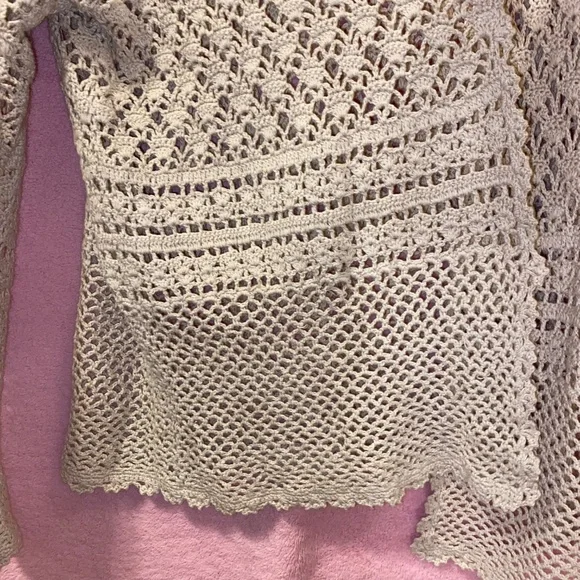 Vintage 90s Tiara Crochet Cardigan Longsleeve Nautical Beige Cream Taupe XL Fest - Picture 10 of 12